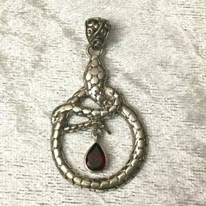 Sterling Silver 925 Bali Legacy Snake Serpent Garnet Pendant NEW